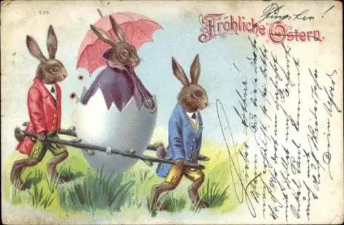 Ak Frohe Ostern, Osterhasen, Sänfte aus Eierschale, Weidenkätzchen