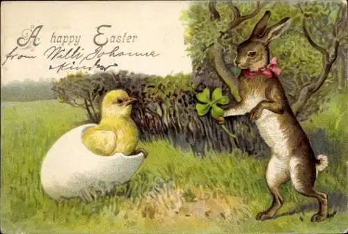 Litho Frohe Ostern, Küken schlüpft, Osterhase mit Kleeblatt