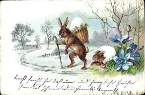 Ak Frohe Ostern, Osterhase mit Kiepe, Ostereier