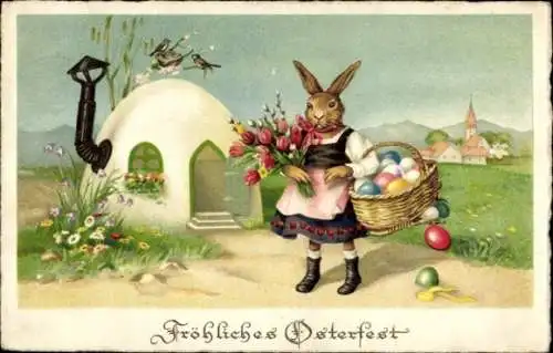 Ak Fröhliches Osterfest, Osterhase, Ostereierkorb