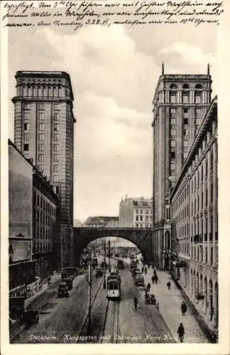 Ak Stockholm Schweden, Königstürme, Brücke, Straßenbahn