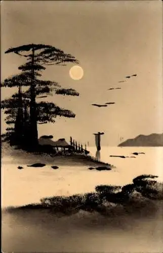 Handgemalt Ak Japan, Flusspartie, Bäume, Vollmond