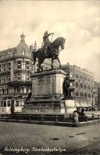 Ak Hälsingborg Helsingborg Schweden, Stenbocksstatyn och Järnvägsgatan, Straßenbahn