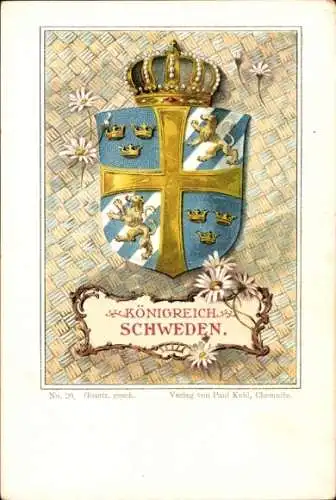 Wappen Litho Königreich Schweden, Margeriten, Krone, Paul Kohl Chemnitz No. 20