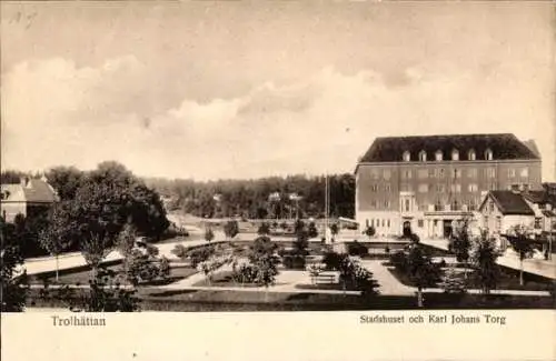 Ak Trollhättan Schweden, Stadshuset och Karl Johans Torg