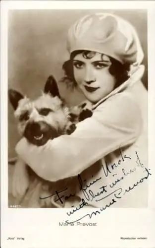 Ak Schauspielerin Marie Prevost, Portrait mit Hund, Autogramm