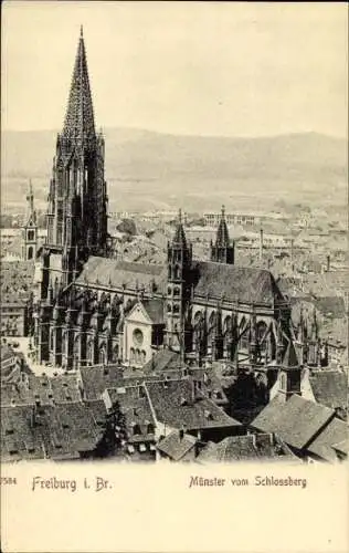 Ak Freiburg im Breisgau, Teilansicht, Münster, Blick vom Schlossberg