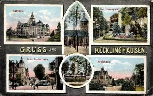 Ak Recklinghausen im Ruhrgebiet, Rathaus, St. Petrus Kirche, Steinstraße, Kreishaus, Herzogwall 