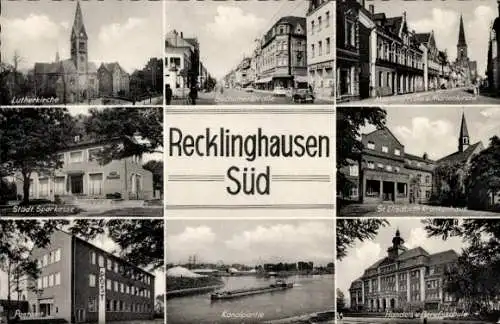 Ak Recklinghausen im Ruhrgebiet, Lutherkirche, Stadtsparkasse, Postamt, Handelsschule, Kanal