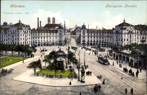 Ak München, Karlsplatzrondell, Straßenbahnen