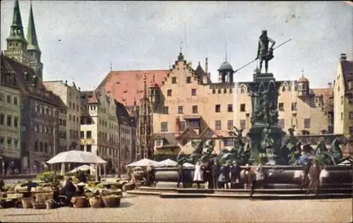 Ak Nürnberg Mittelfranken, Hauptmarkt, Brunnen, Passanten, Georg Jos Meyer Co