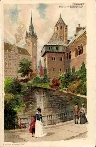 Künstler Litho Schmidt, C., Braunschweig in Niedersachsen, Partie am Burggraben, Frau mit Kind