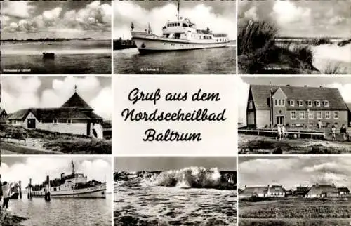 Ak Nordseebad Baltrum, MS Baltrum III, Ostdorf, Kurmittelhaus, Wellen