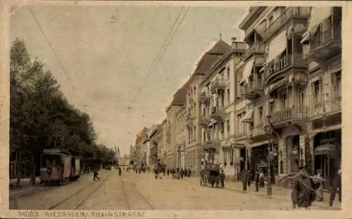 Ak Wiesbaden in Hessen, Rheinstraße, Hotel, Straßenbahn