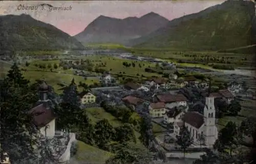 Ak Oberau in Oberbayern, Panoram, Kirche