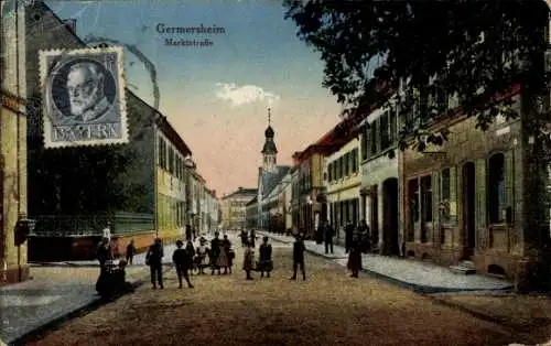 Ak Germersheim, Blick in die Marktstraße mit Passanten und Kirche