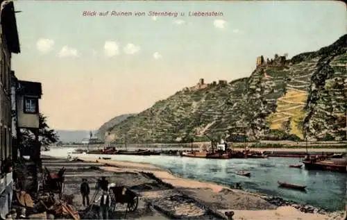 Ak Bornhofen am Rhein, Feindliche Brüder, Ruinen von Sternberg, Liebenstein, Schiffe