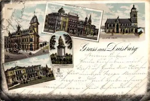 Litho Duisburg im Ruhrgebiet, Friedrich Wilhelm Platz, Post, Tonhalle, Merkator Denkmal, Kirche