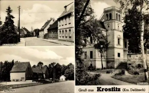 Ak Krostitz in Sachsen, Oberschule, Bahnhofstraße, Sportlerheim