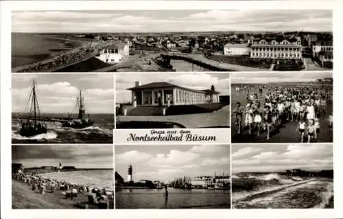 Ak Nordseebad Büsum, Gesamtansicht, Boote, Leuchtturm, Strand