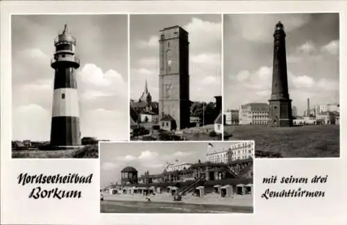 Ak Nordseebad Borkum in Ostfriesland, Leuchttürme, Strand