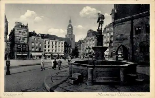 Ak Dortmund im Ruhrgebiet, Partie am Markt mit Bläserbrunnen, Kirchturm