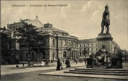 Ak Düsseldorf am Rhein, Stadttheater mit Bismarck-Denkmal