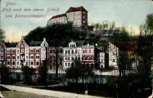 Ak Greiz im Vogtland, Blick nach dem oberen Schloss und Bismarckdenkmal