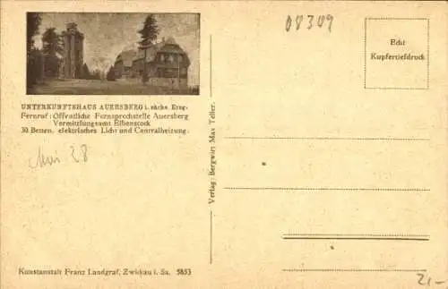 Ak Blauenthal Eibenstock im Erzgebirge, Panorama, Unterkunftshaus Auersberg