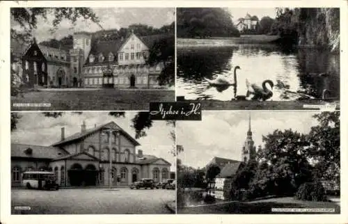 Ak Itzehoe in Holstein, Kirche, Schloss, Bahnhof, Schwäne auf dem See