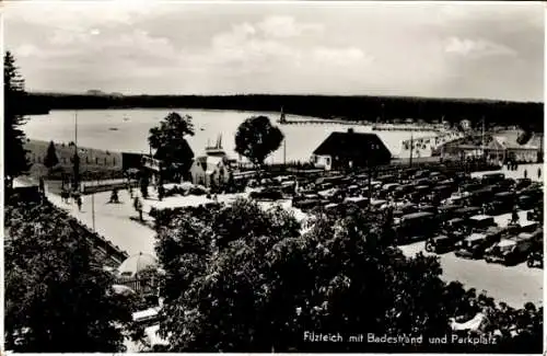 Ak Neustädtel Schneeberg im Erzgebirge, Blick auf Bergsee Filzteich mit Badestrand und Parkplatz