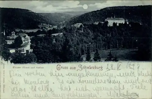 Mondschein Ak Schwarzburg im Schwarzatal Thüringen, Weißer Hirsch und Schloss