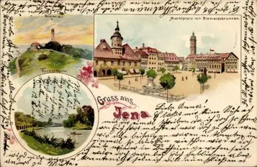 Litho Jena in Thüringen, Marktplatz, Bismarckbrunnen, Fuchsturm