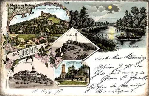 Litho Jena in Thüringen, Fuchsturm, Leuchtenburg, Forsthaus, Kriegerdenkmal, Paradies bei Nacht