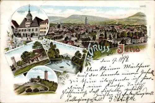 Vorläufer Litho Jena Thüringen, Rathaus, Kriegerdenkmal, Forsthaus, Fuchsturm, Schützenbrücke, Saale