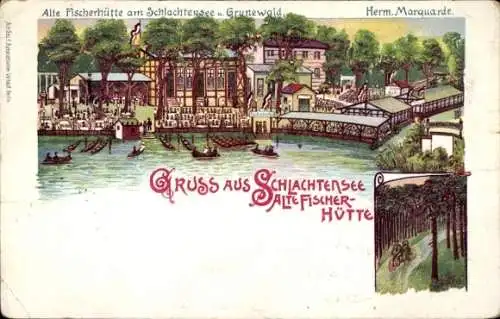 Litho Berlin Zehlendorf, Alte Fischerhütte am Schlachtensee, Bes. Herm. Marquardt