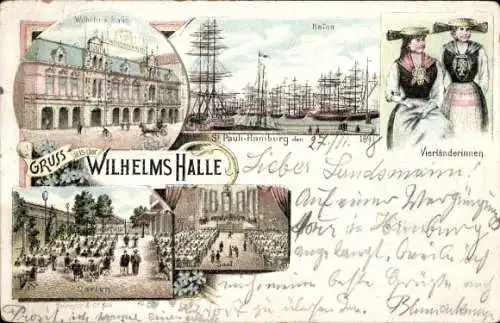 Litho Hamburg St. Pauli, Gasthaus Wilhelms Halle, Innenansicht, Hafen, Vierländerinnen