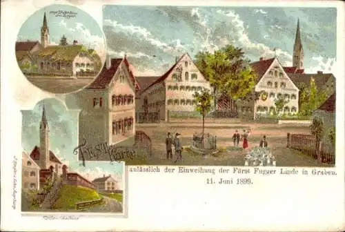 Litho Graben im Lechfeld Schwaben, Fürst Fugger Linde, Einweihung 1899, Kirche