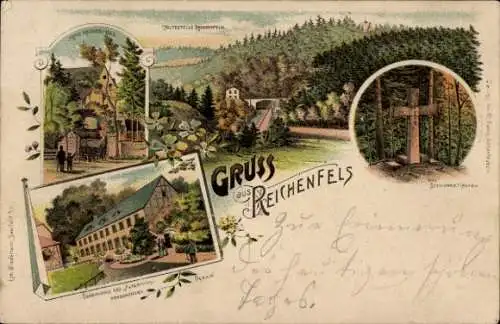 Litho Reichenfels Hohenleuben Thüringen, Teilansichten, Gasthaus, steinernes Kreuz