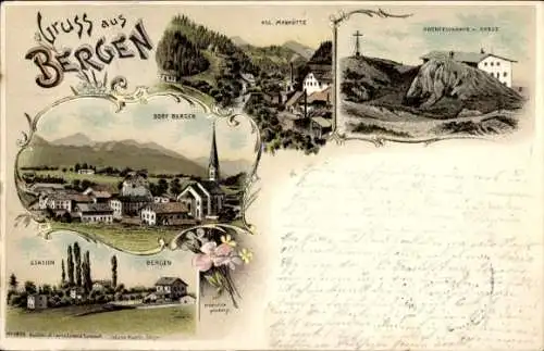 Litho Bergen im Chiemgau Oberbayern, Kgl. Maxhütte, Hochfellnhaus, Panorama