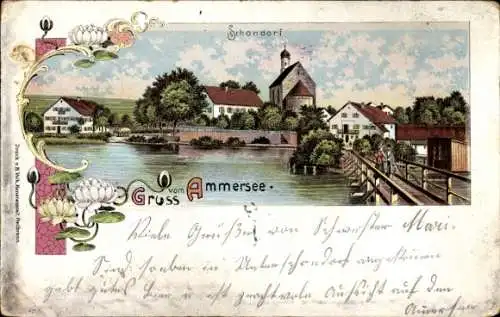 Litho Schondorf am Ammersee Oberbayern, Teilansicht, Kirche