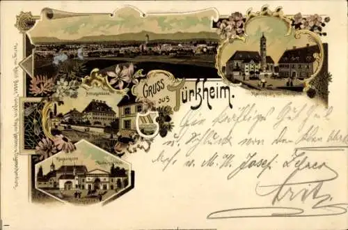 Litho Türkheim im Unterallgäu, Amtsgebäude, Klosterkirche, Marienplatz, Pfarrkirche