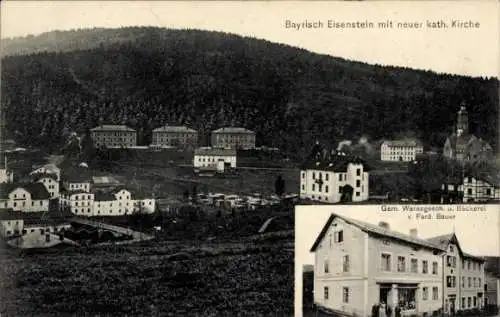 Ak Bayerisch Eisenstein Niederbayern, Teilansicht, neue kath. Kirche, Geschäft Ferd. Bauer, Bäckerei