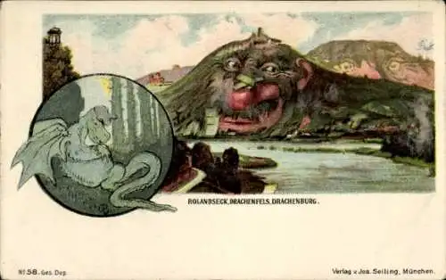 Künstler Litho  Remagen am Rhein, Rolandseck, Drachenfels, Drachenburg, Drache