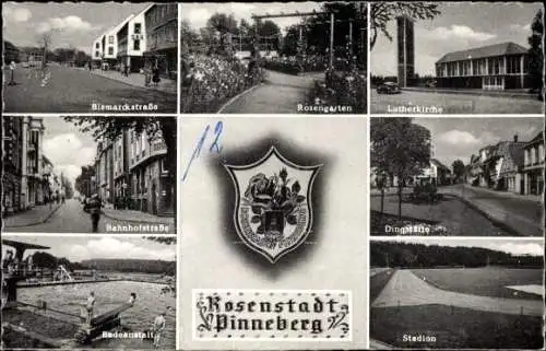 Ak Pinneberg in Holstein, Lutherkirche, Freibad, Stadion, Straßenansichten, Wappen