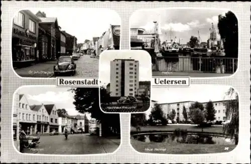 Ak Uetersen in Holstein, Hafen, Gr. Wulfhagen, Marktstraße, Neue Heimat, Hochhaus