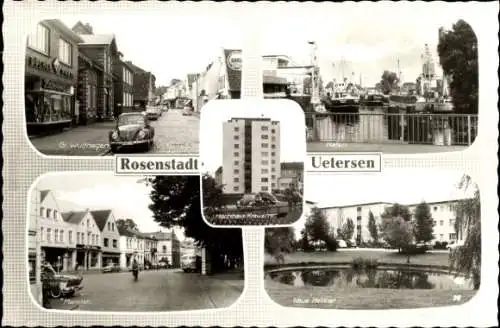 Ak Uetersen in Holstein, Hafen, Gr. Wulfhagen, Marktstraße, Neue Heimat, Hochhaus