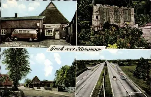 Ak Hammoor Holstein, Autobahn, Ehrenmal, Gemischtwarenladen Zum alten Landhaus