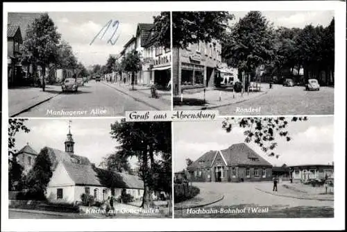 Ak Ahrensburg in Holstein, Hochbahn-Bahnhof, Kirche mit Gotteshuden, Manhagener Allee, Rondeel