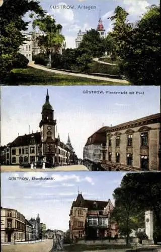 Ak Güstrow in Mecklenburg, Anlagen, Pferdemarkt mit Post, Eisenbahnstraße